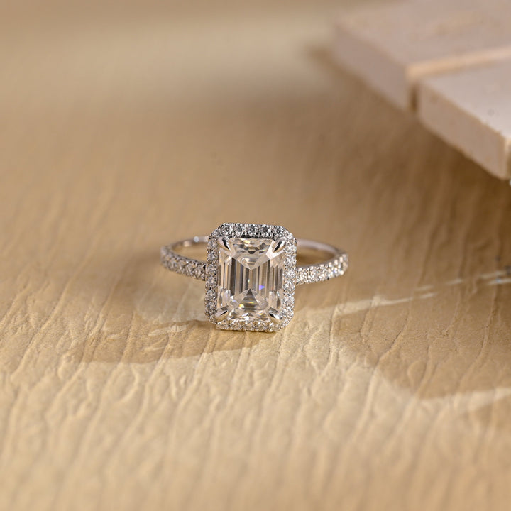 1.50 CT Emerald Cut Halo Diamond Moissanite Engagement Ring