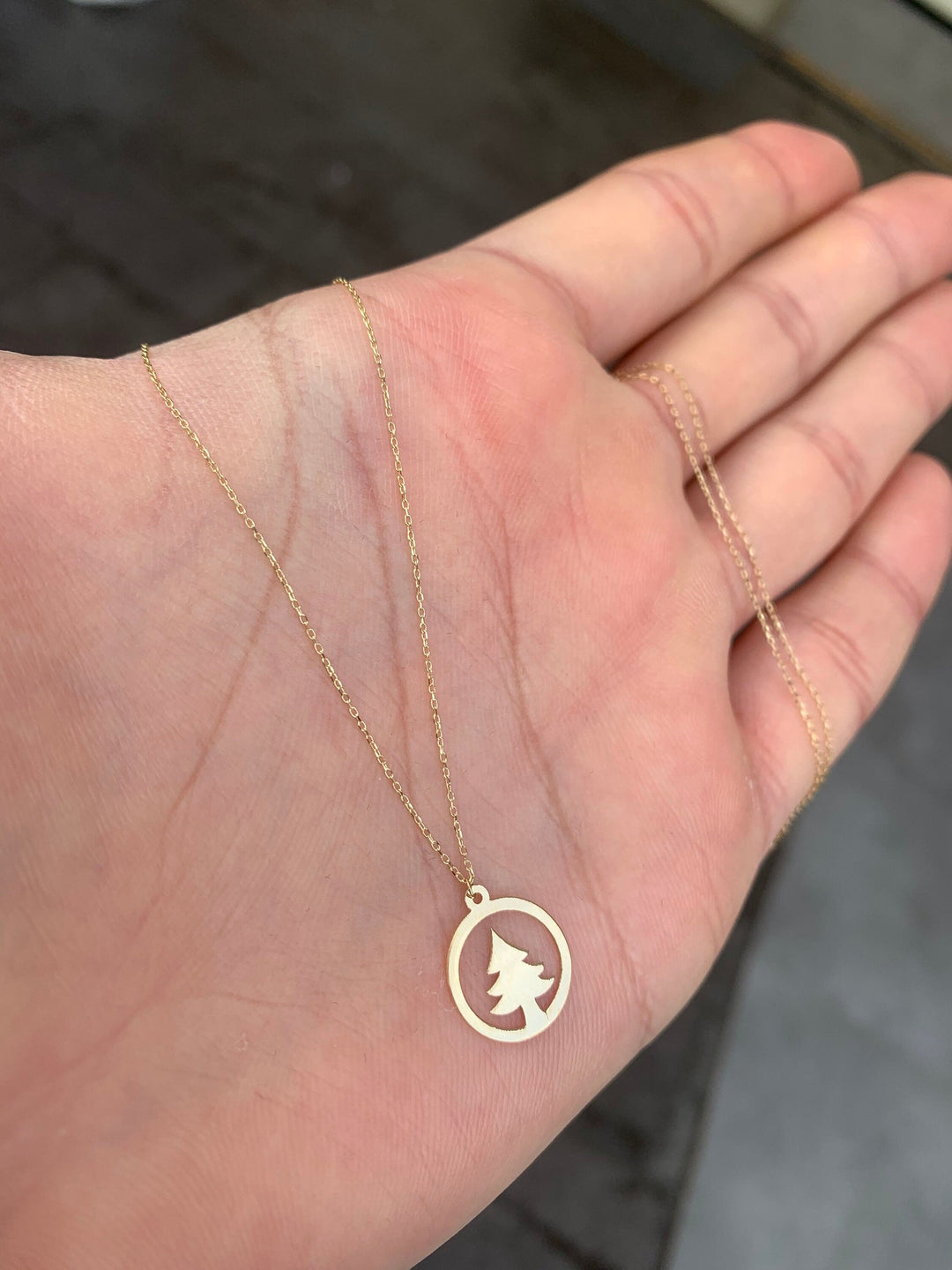 Christmas Pine Tree Pendant Necklace Gift For Women in 14K Gold