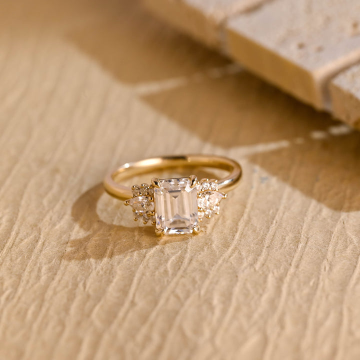 1.0 CT Emerald Cut Cluster Moissanite Engagement Ring