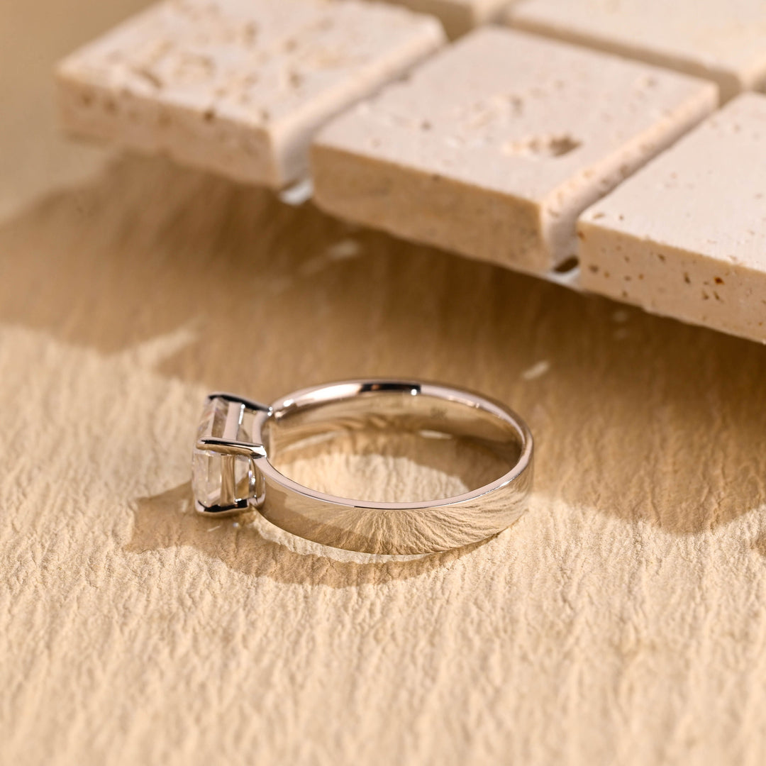 1.0CT Emerald Cut Wide Band Solitaire Moissanite Engagement Ring