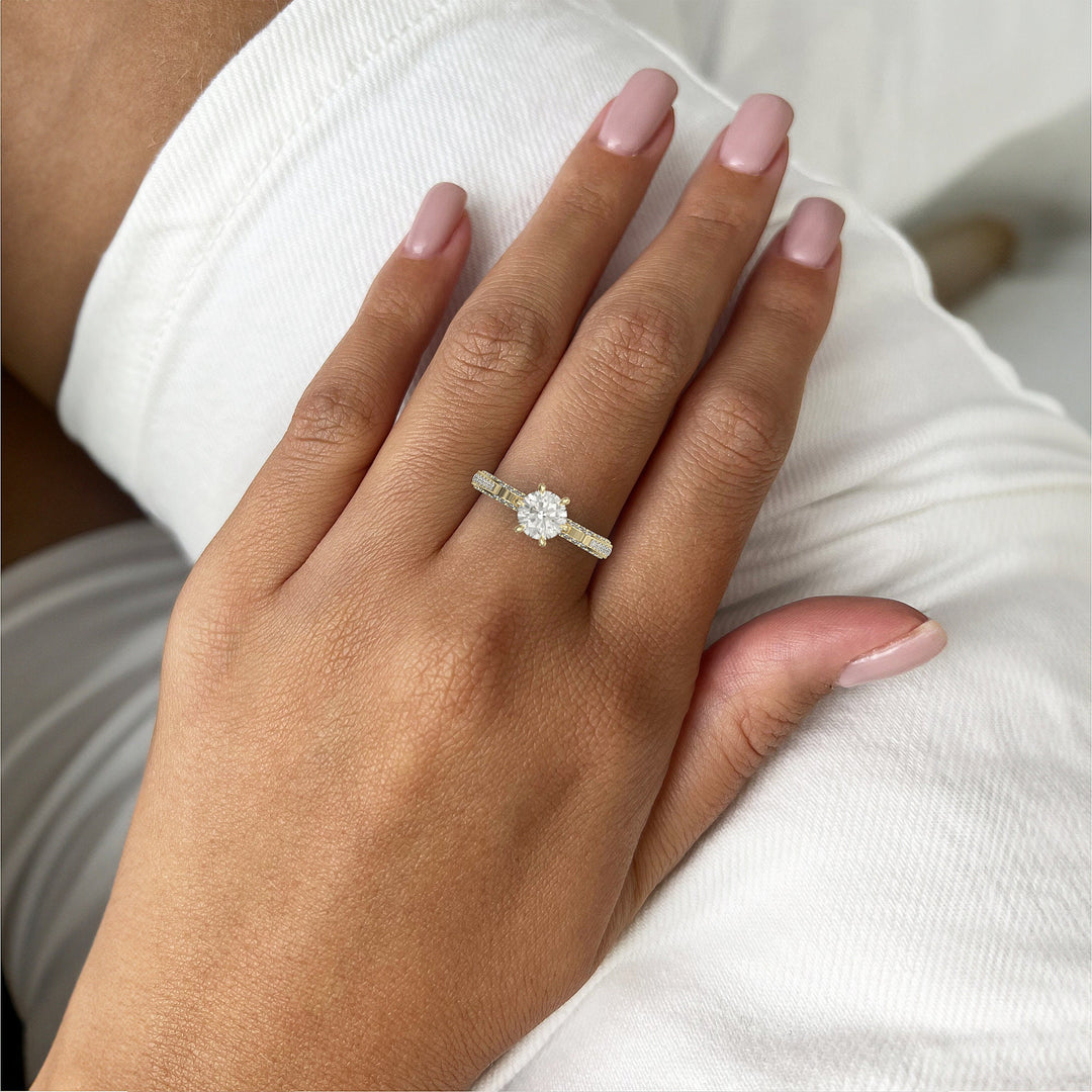 1.0 CT Round Cut Moissanite Three Side Pave Unique Engagement Ring