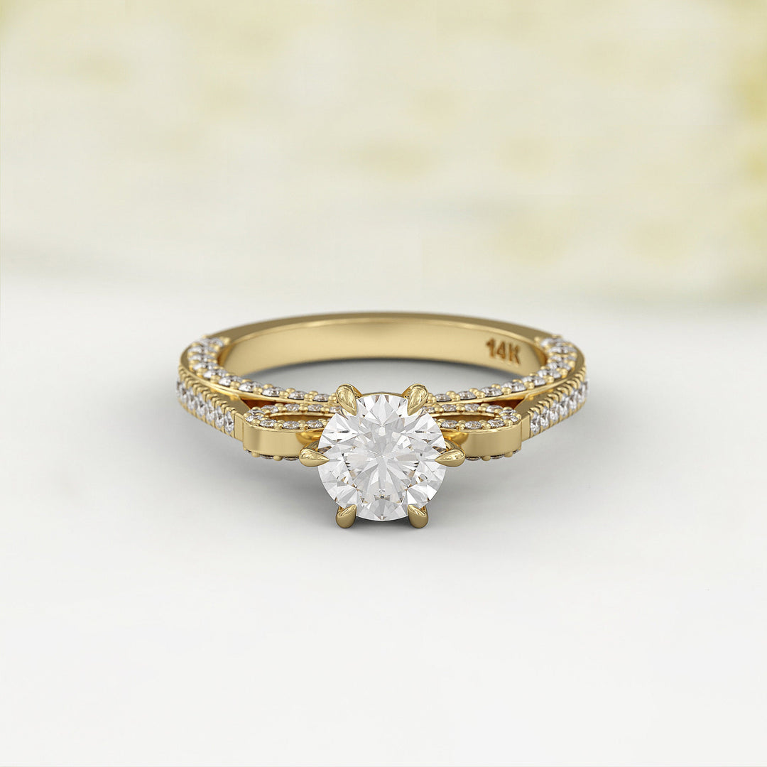 1.0 CT Round Cut Moissanite Three Side Pave Unique Engagement Ring