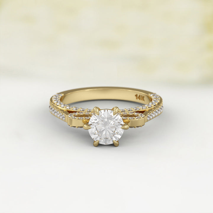 1.0 CT Round Cut Moissanite Three Side Pave Unique Engagement Ring