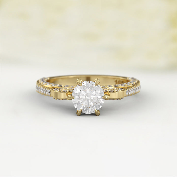 1.0 CT Round Cut Moissanite Three Side Pave Unique Engagement Ring