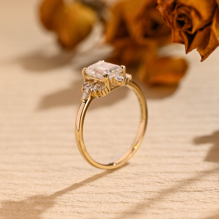 1.0 CT Emerald Cut Cluster Diamond Moissanite Engagement Ring