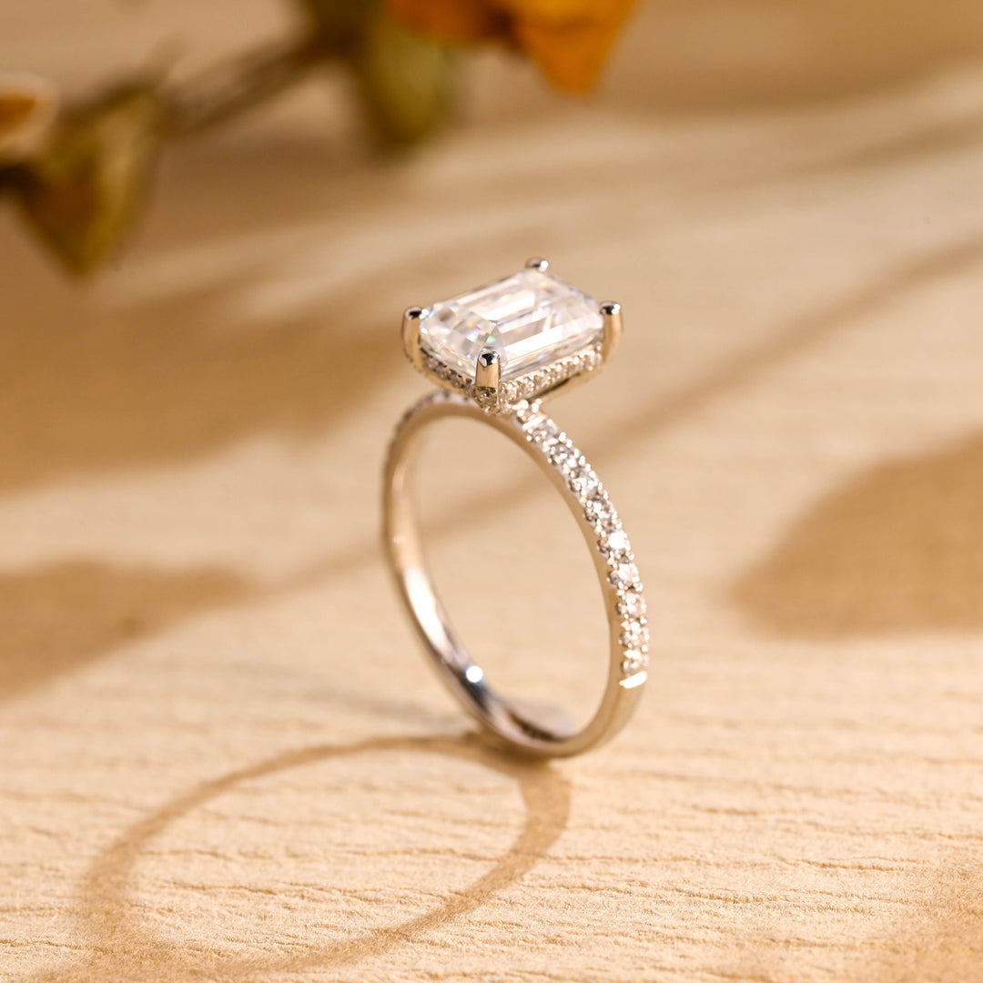 1.0 CT Emerald Cut Hidden Halo Moissanite Engagement Ring