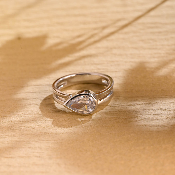 2.0CT East West Pear Diamond Bezel Moissanite Engagement Ring