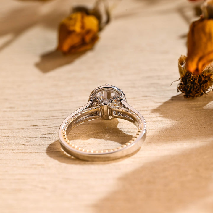 1.0 CT Round Brilliant Halo Split Shank Moissanite Engagement Ring