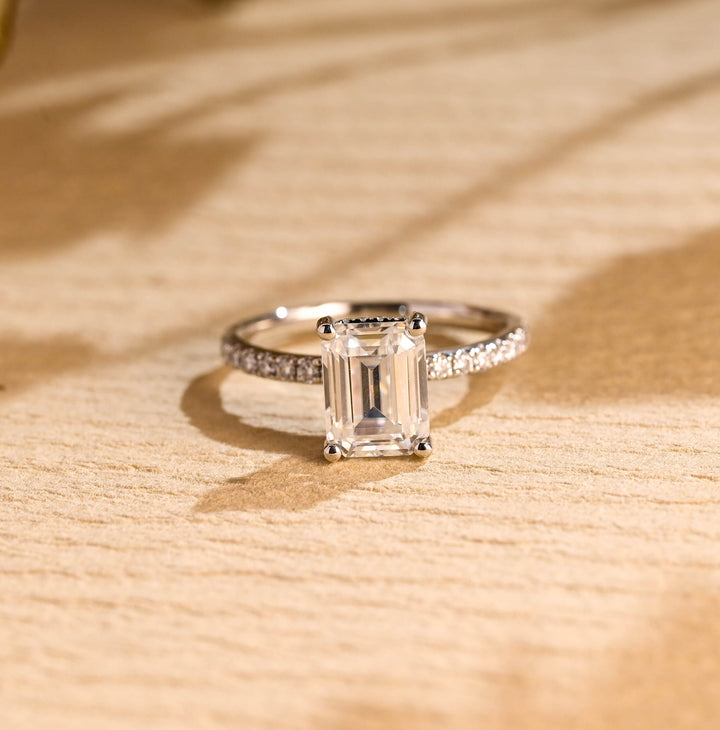 1.0 CT Emerald Cut Hidden Halo Moissanite Engagement Ring