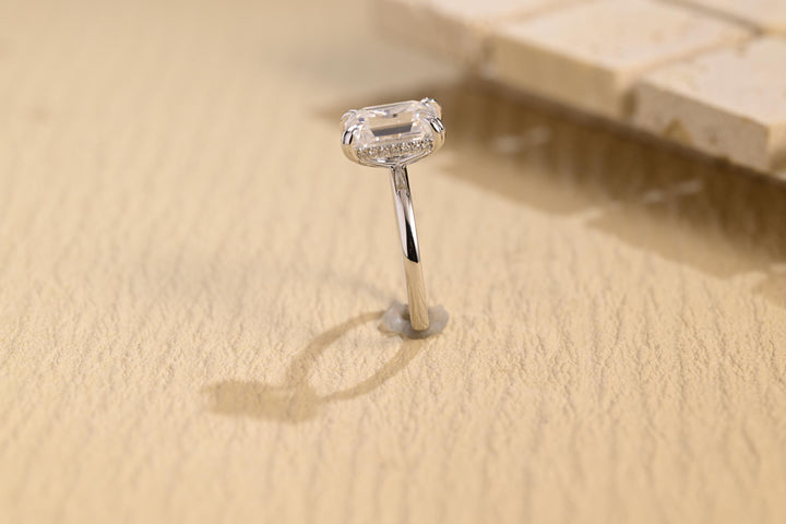 2.0CT Emerald Cut Hidden Halo Moissanite Engagement Ring