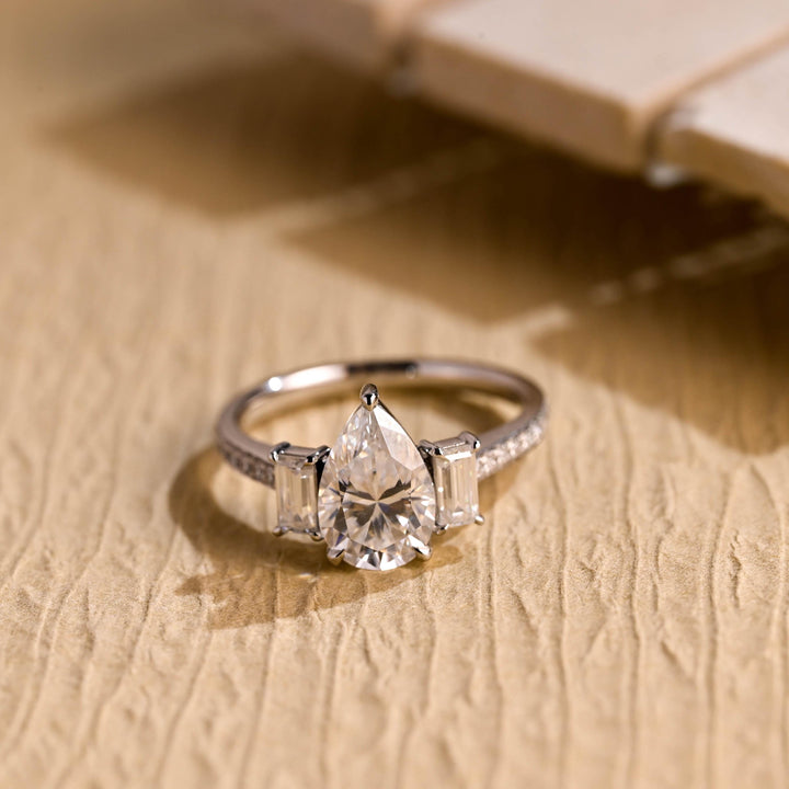 1.50 CT Pear Diamond Three Stone Moissanite Engagement Ring