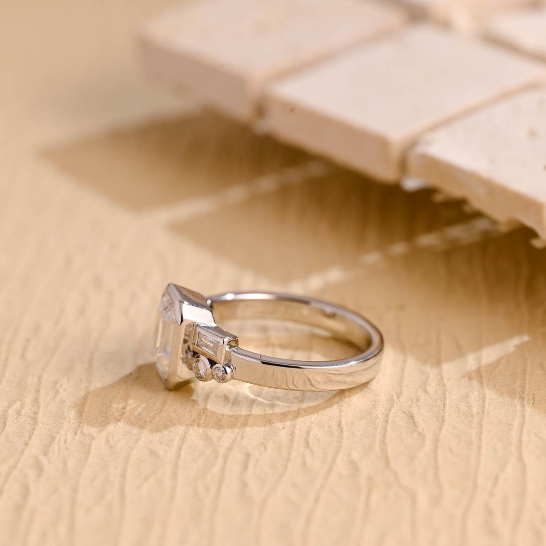 1.0CT Emerald Diamond Bezel Cluster Moissanite Engagement Ring