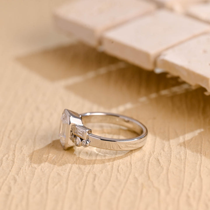 1.0CT Emerald Diamond Bezel Cluster Moissanite Engagement Ring