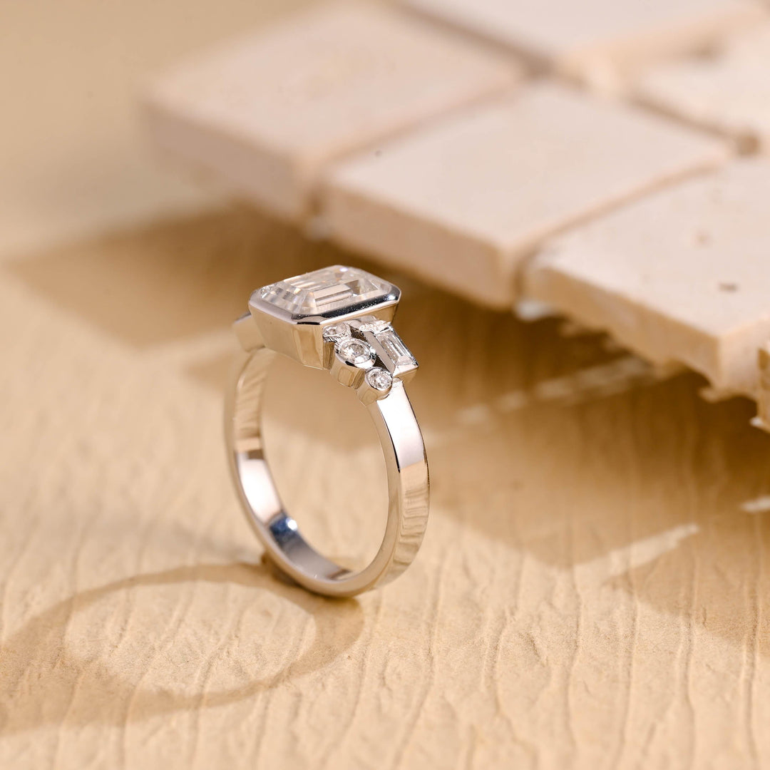 1.0CT Emerald Diamond Bezel Cluster Moissanite Engagement Ring