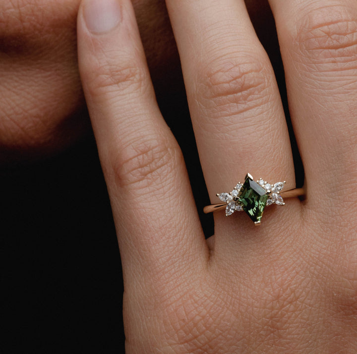 1.50CT Green Australian Sapphire Kite Cut Cluster Setting Lab Grown Engagement Ring