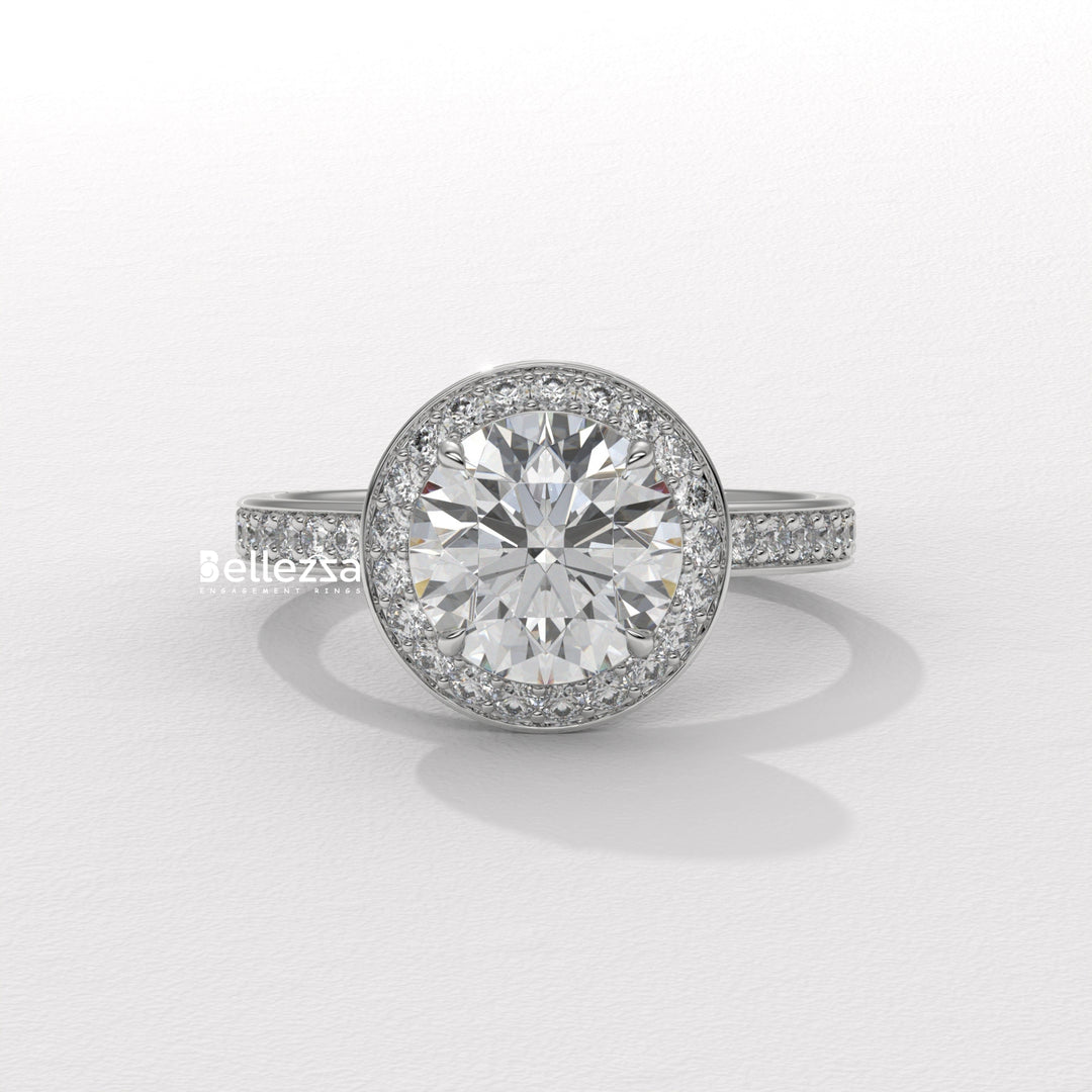 1.50-2.50CT Round Cut CVD Diamond Halo Pave Setting Engagement Ring