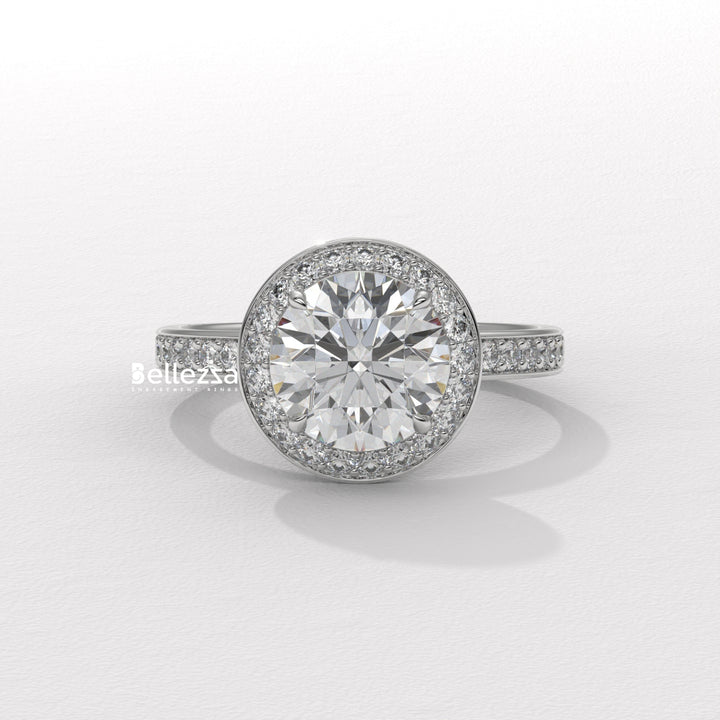1.50-2.50CT Round Cut CVD Diamond Halo Pave Setting Engagement Ring