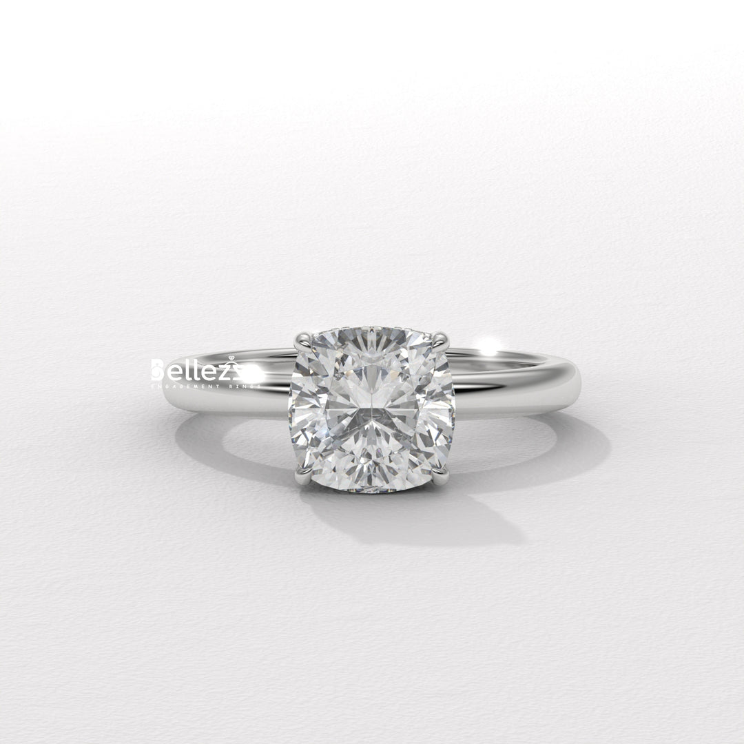 1.0-2.0CT Cushion Cut Lab Grown Diamond Hidden Halo Engagement Ring