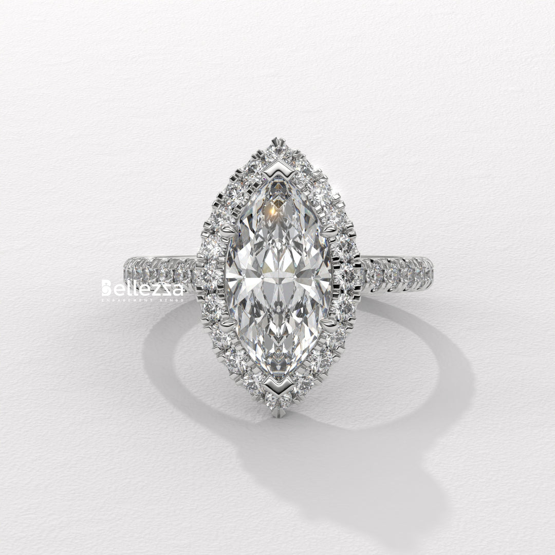 1.50-2.50CT Marquise Cut CVD Diamond Halo Pave Set Engagement Ring