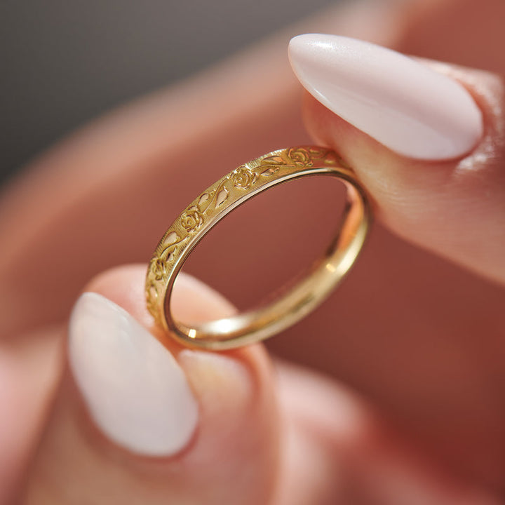 14K Solid Gold Rose Design Engraved Unique Wedding Band