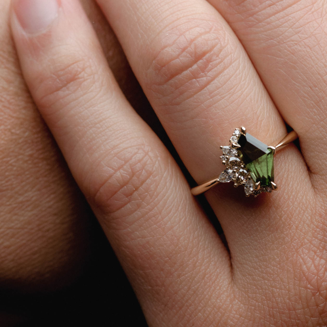 1.50CT Green Australian Sapphire Freeform Cut Cluster Setting Lab Grown Ring