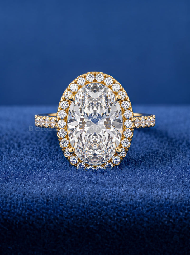 3.0-3.50CT Oval Cut CVD Diamond Halo Pave Setting Engagement Ring