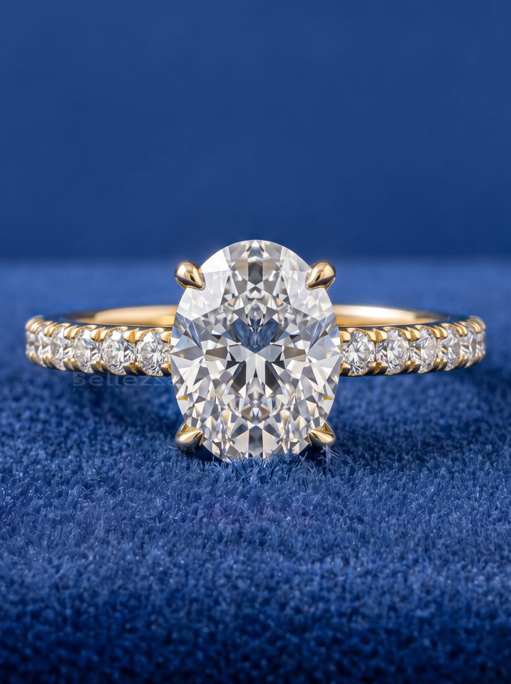 1.50-2.50CT Oval Diamond Pave Setting Hidden Halo Lab Grown Engagement Ring