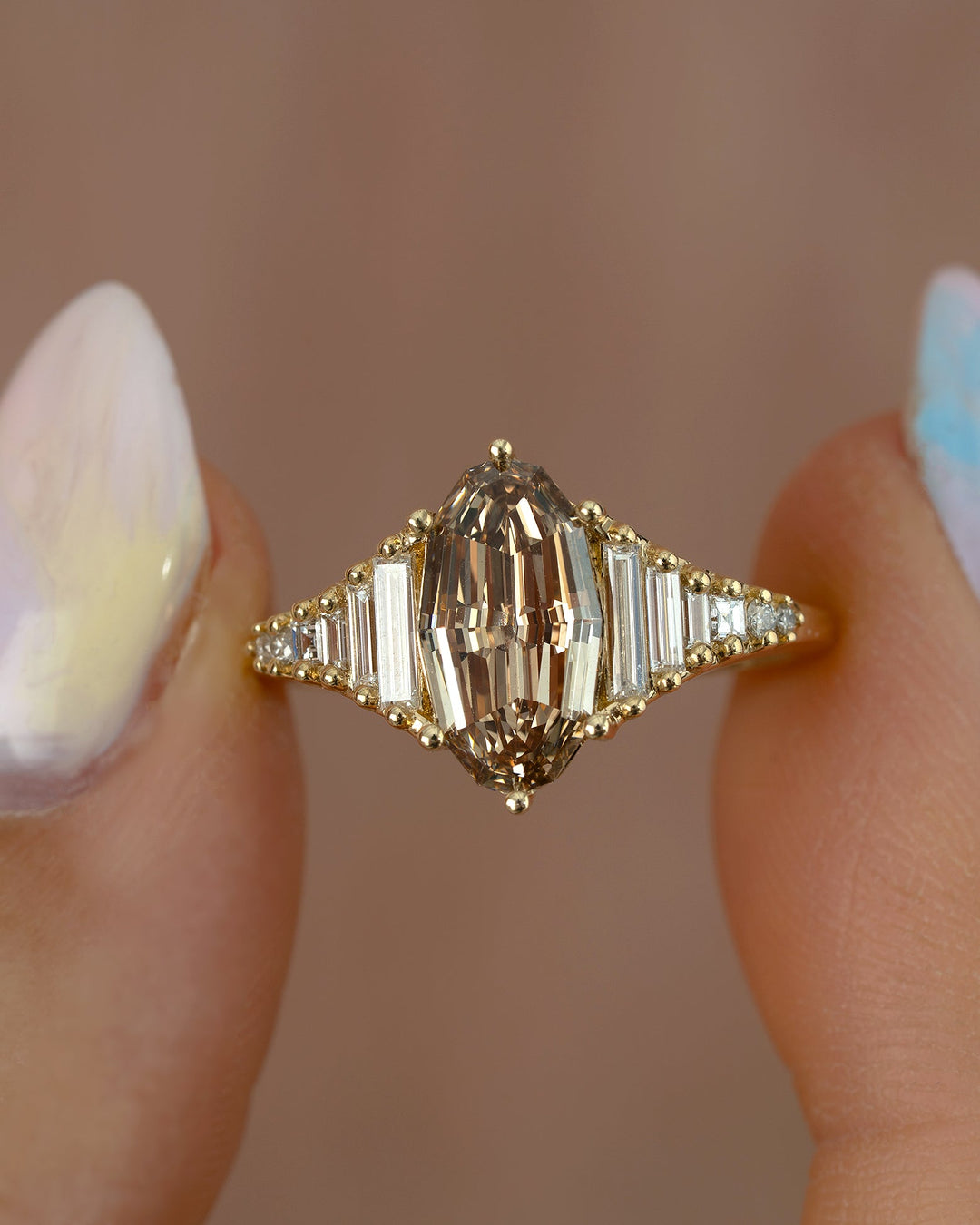2.0CT Fancy Brown Oval Step Cut Cluster Setting Lab Grown Engagement Ring