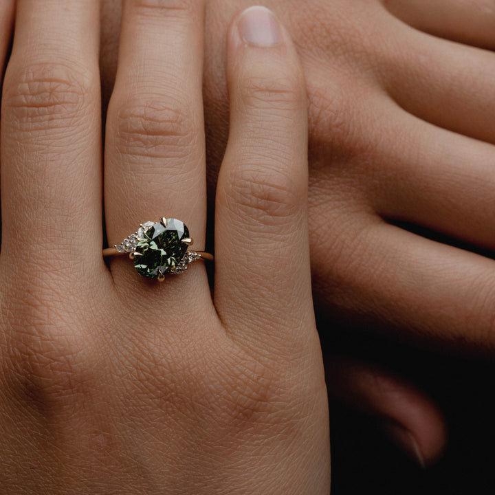 3.0CT Fancy Green Oval Diamond Cluster Setting Lab Grown Engagement Ring