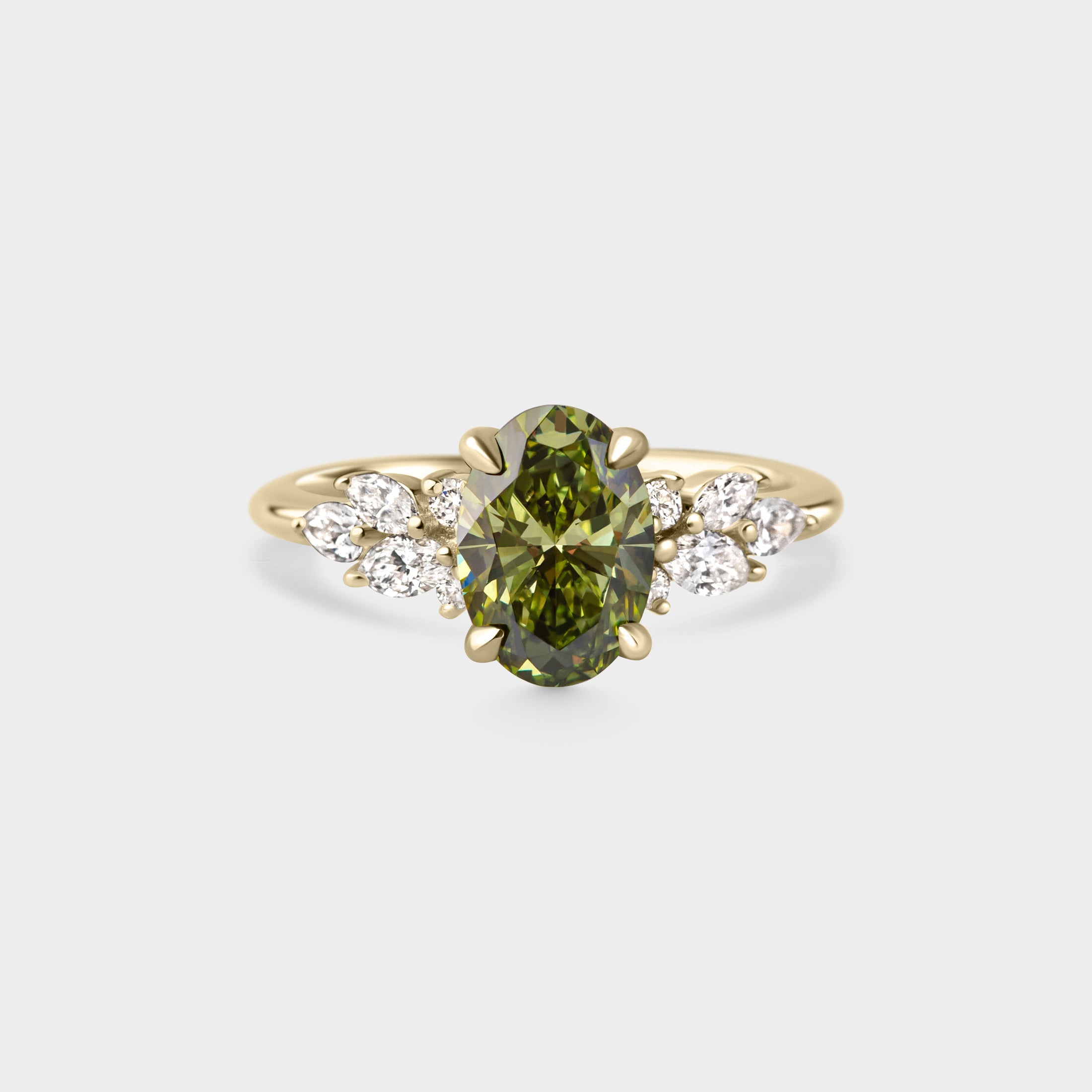 2.0CT Fancy Green Oval Diamond Cluster Setting Lab Grown Engagement Ri ...