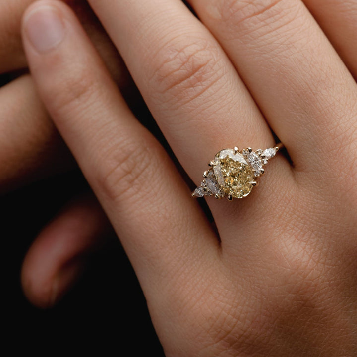 2.0CT Fancy Light Yellow Oval Diamond Cluster Setting Lab Grown Engagement Ring