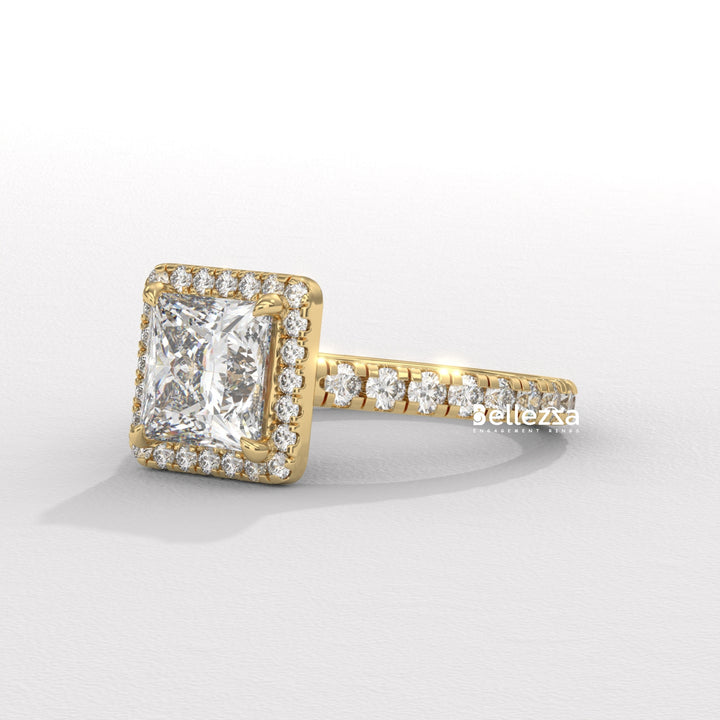 1.0-2.0CT Princess Cut Halo Pave Lab Grown Engagement Ring