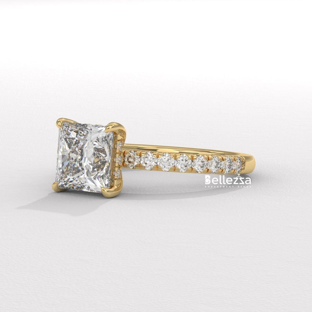 1.0-2.0CT Princess Cut Lab Grown Diamond Pave Setting Engagement Ring