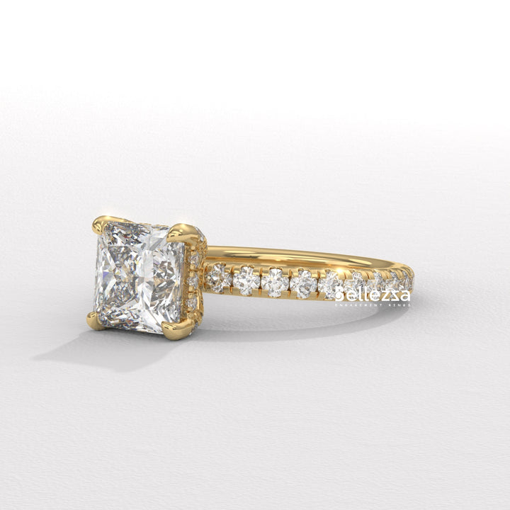 1.0-2.0CT Princess Cut CVD Diamond Pave Setting Engagement Ring