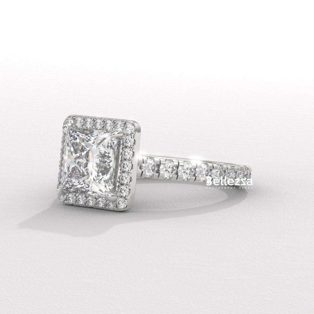 1.0-2.0CT Princess Cut Halo Pave Lab Grown Engagement Ring