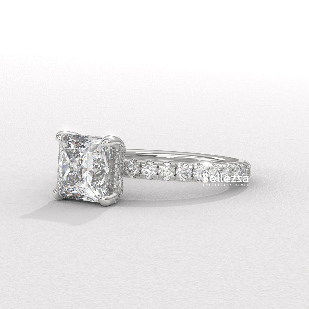 1.0-2.0CT Princess Cut CVD Diamond Pave Setting Engagement Ring