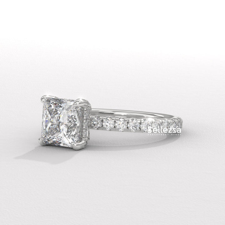 1.0-2.0CT Princess Cut CVD Diamond Pave Setting Engagement Ring