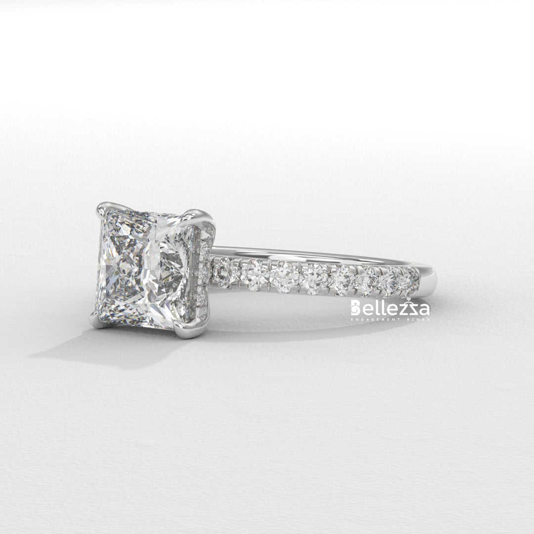 1.0-2.0CT Princess Cut Lab Grown Diamond Pave Setting Engagement Ring