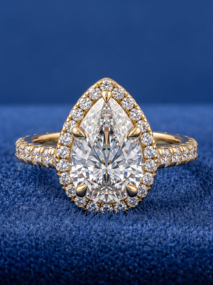 1.50-2.50CT Pear Cut CVD Diamond Halo Pave Setting Engagement Ring