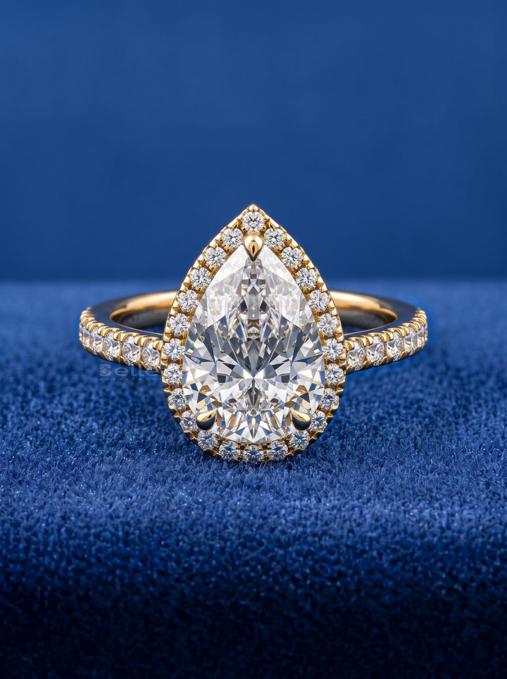 1.50-2.50CT Pear Cut CVD Diamond Halo Pave Setting Engagement Ring