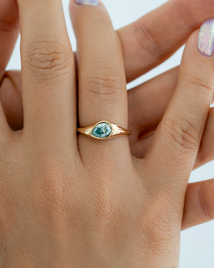 1.0CT Light Blue Pear Diamond Bezel Setting Unique Lab Grown Engagement Ring