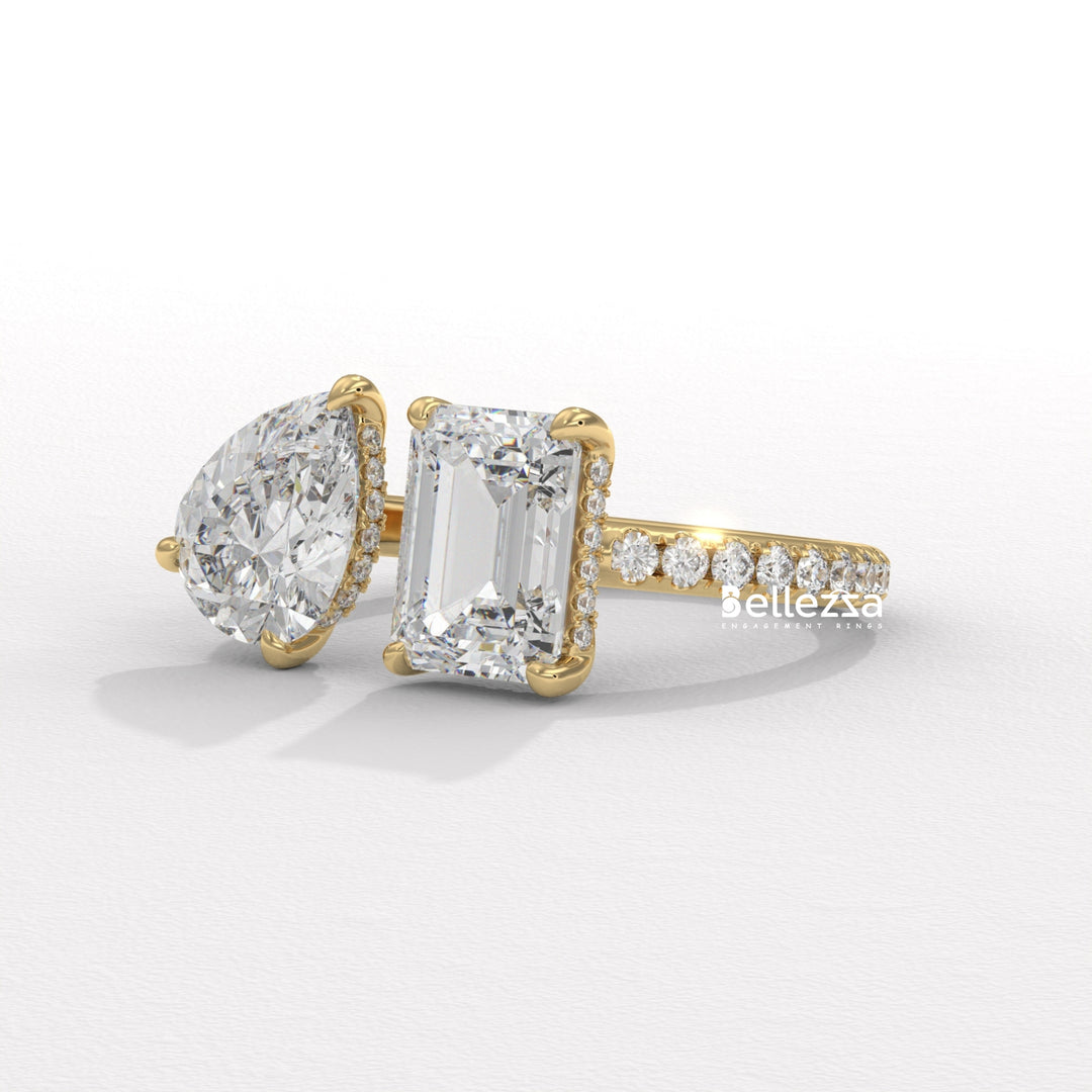 1.0CT Pear & Emerald Cut Hidden Halo Open Style Two Stone Lab Grown Ring
