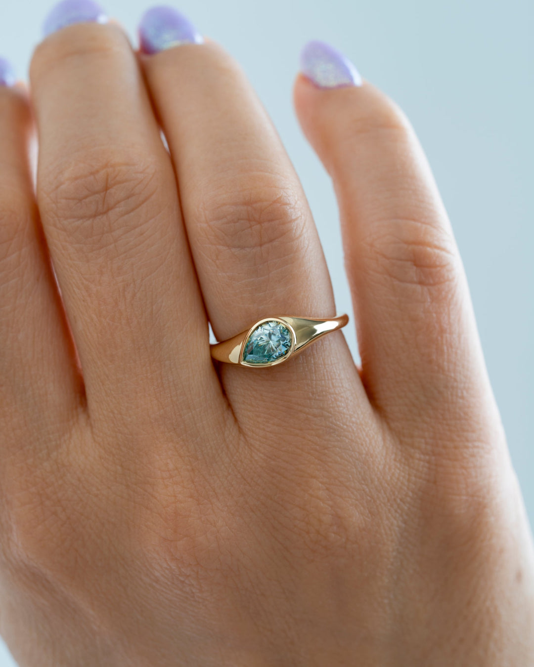 1.0CT Light Blue Pear Diamond Bezel Setting Unique Lab Grown Engagement Ring
