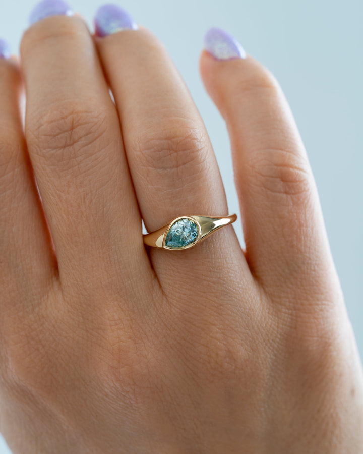 1.0CT Light Blue Pear Diamond Bezel Setting Unique Lab Grown Engagement Ring