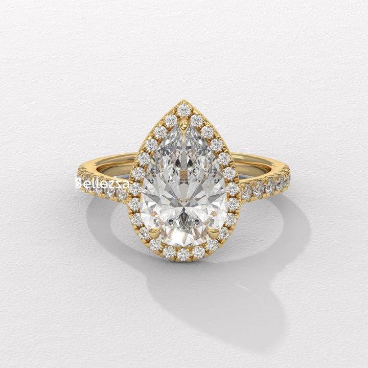 1.50-2.50CT Pear Cut CVD Diamond Halo Pave Setting Engagement Ring