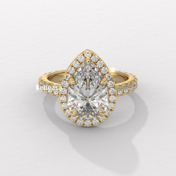 1.50-2.50CT Pear Cut CVD Diamond Halo Pave Setting Engagement Ring