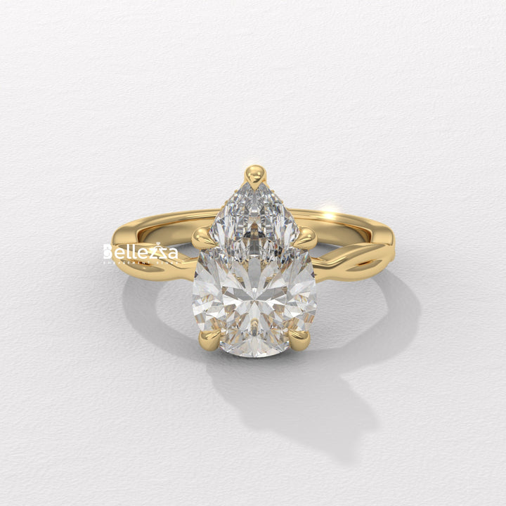 1.50-2.50CT Pear Cut Twisted Hidden Halo CVD Diamond Engagement Ring