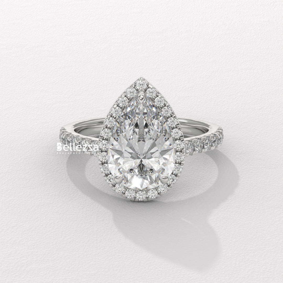 1.50-2.50CT Pear Cut CVD Diamond Halo Pave Setting Engagement Ring