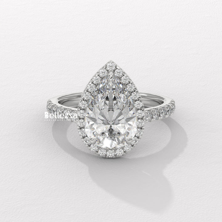 1.50-2.50CT Pear Cut CVD Diamond Halo Pave Setting Engagement Ring