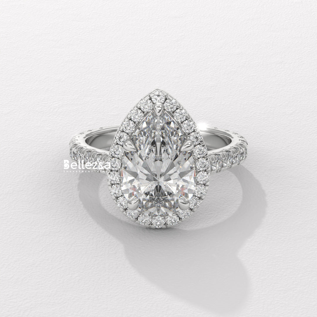 1.50-2.50CT Pear Cut CVD Diamond Halo Pave Setting Engagement Ring